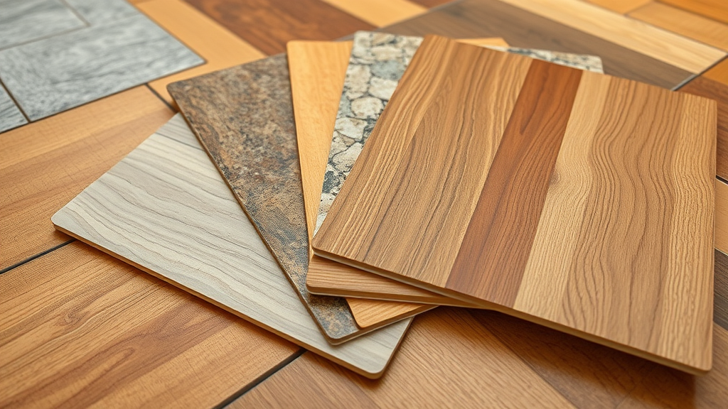 Selection of tile, stone, and engineered wood samples displayed on a radiant heated floor
