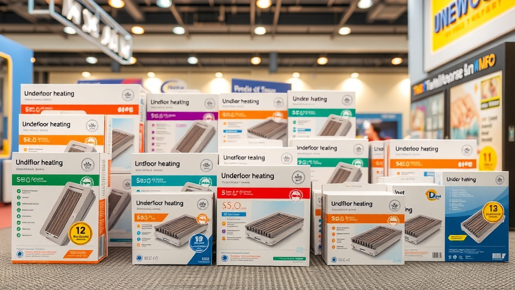 Display of top underfloor heating brands with visible warranty badges and packaging