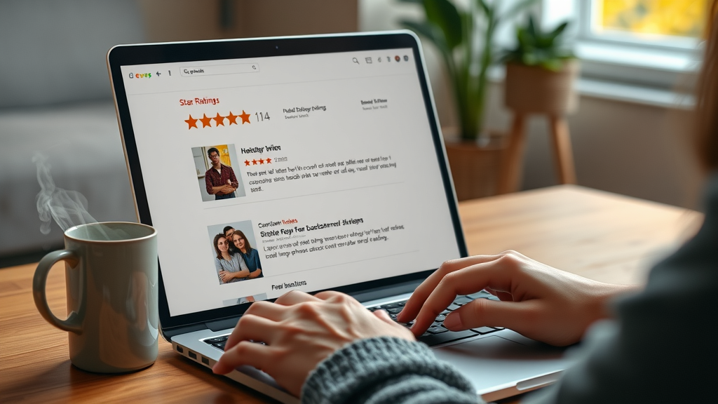Laptop with star ratings and customer reviews for underfloor heating systems