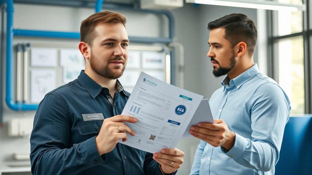 licensed commercial plumber Chesterfield explaining compliance certificates to a business client in a modern office