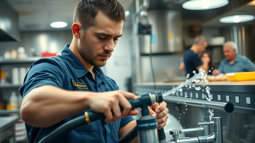 commercial plumbing technician performing drain cleaning at a busy Chesterfield restaurant kitchen