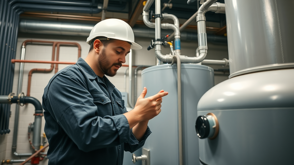 skilled plumber inspecting large commercial water heater in Chesterfield mechanical room