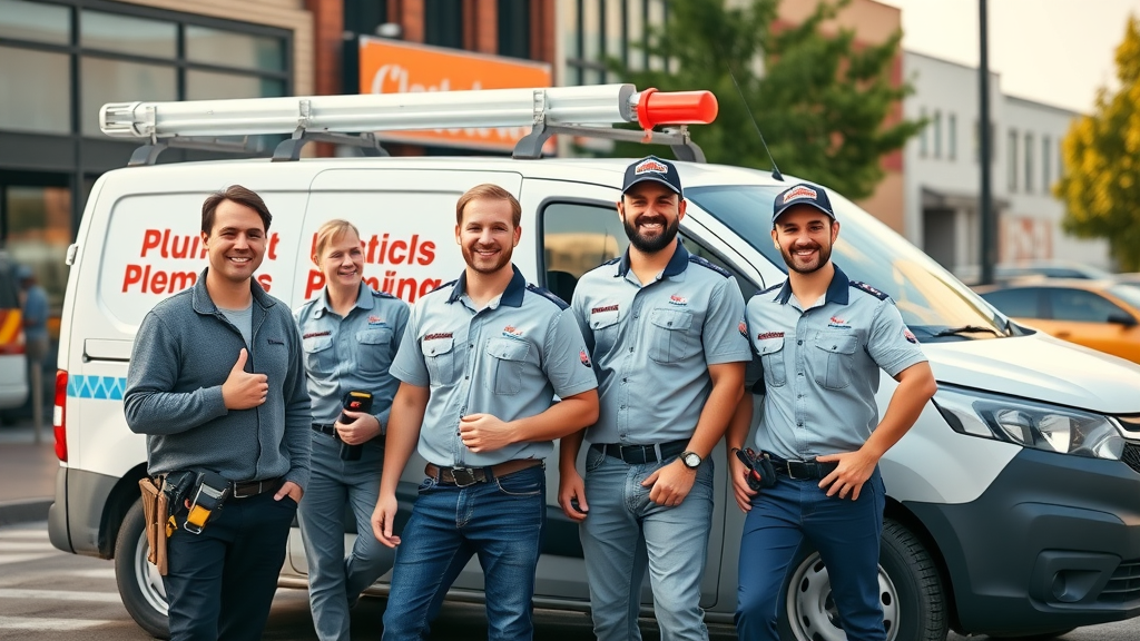 licensed commercial plumber Chesterfield team in Chesterfield business district with service van