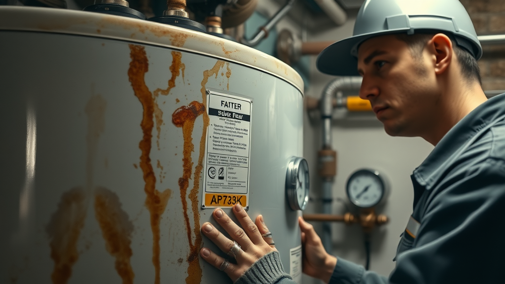close-up inspection of leaking commercial water heater in chesterfield facility