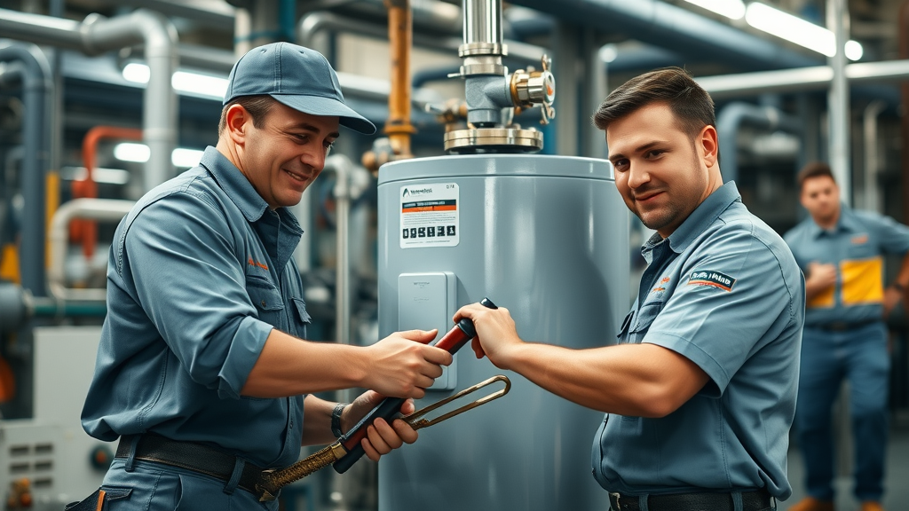 chesterfield service team repairing commercial water heater with tools in a mechanical plant