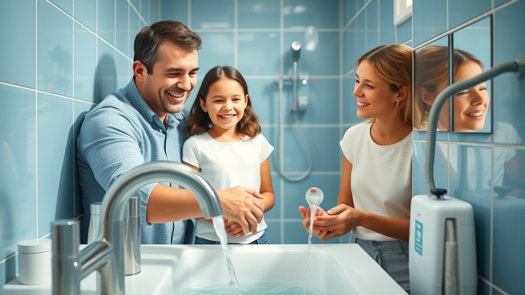 Modern Chesterfield home bathroom with new plumbing fixtures and happy family enjoying water flow, chrome fittings, and sleek design.