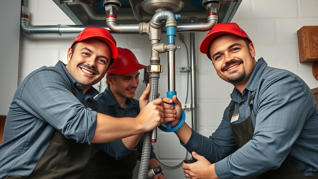 Chesterfield plumbing professionals installing new pipes and fixtures with modern tools. Bright workshop environment.