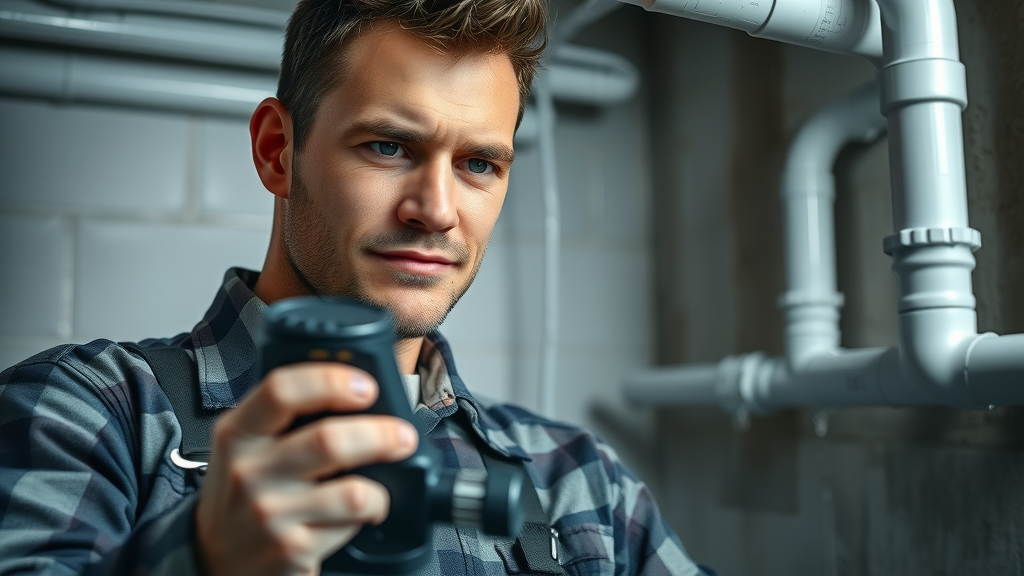 Chesterfield plumber using advanced leak detection tool on pipes in basement utility room.
