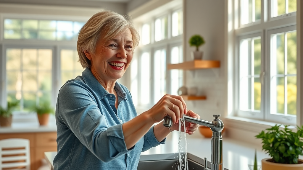 Satisfied Chesterfield homeowner in modern kitchen enjoying new plumbing and excellent water pressure.