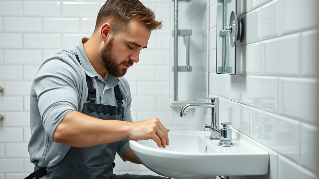 Professional Chesterfield plumber fitting new designer sink in bright modern bathroom.