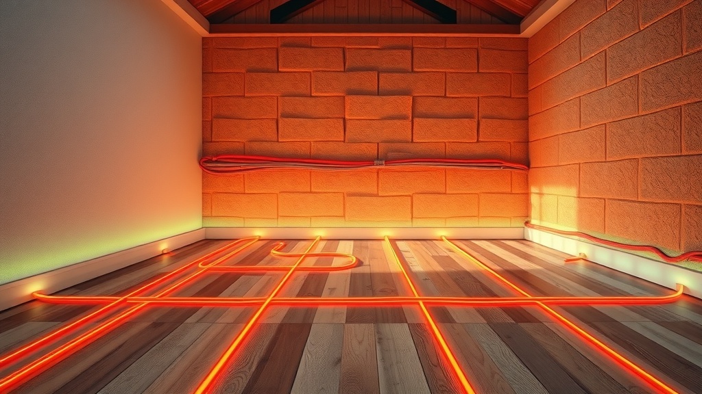 cutaway of house with electric underfloor heating showing radiant floor heat distribution under variable floor coverings