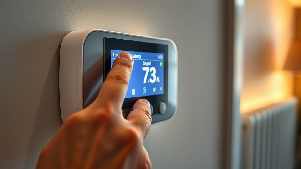 hands adjusting programmable thermostat for electric underfloor heating, energy efficient control
