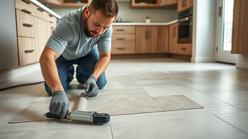 installer laying electric underfloor heating mat under tile in kitchen remodel, floor covering visible