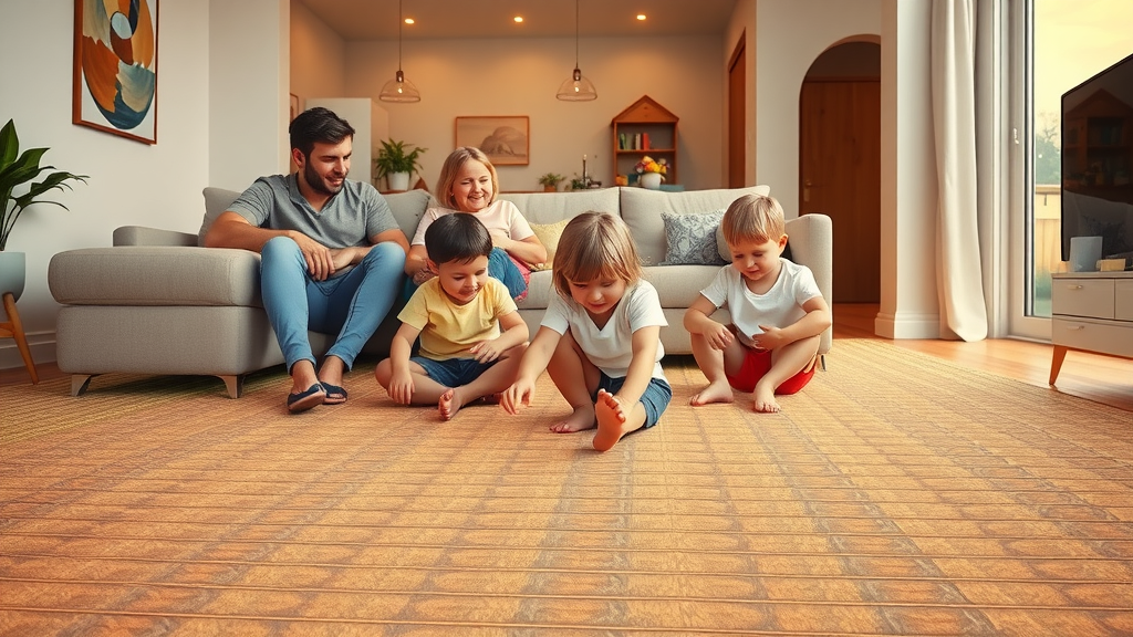 happy family enjoying living room warmth on radiant heated floor