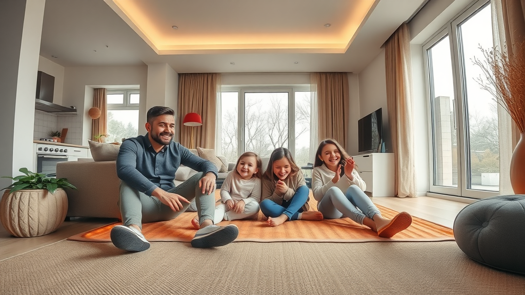 modern living room with family enjoying underfloor heating installation, floor heat, radiant floor warmth, clean design