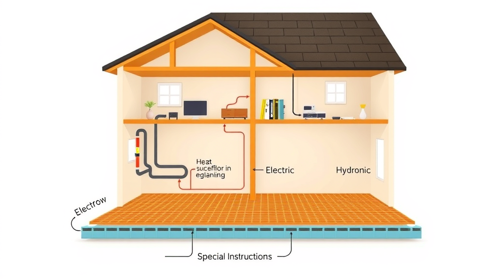 cutaway diagram of underfloor heating installation; electric and hydronic radiant floor heat system layers, highly detailed and labeled