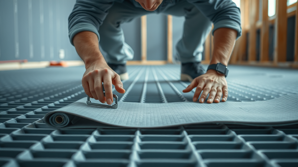 technician laying out electric underfloor heating mat during installation; adjusting spacing, radiant floor heat, modern setting