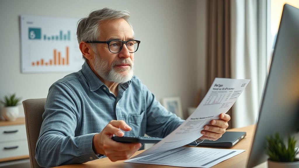 homeowner reviewing underfloor heating installation costs, radiant heat savings, paperwork and calculator, modern home office
