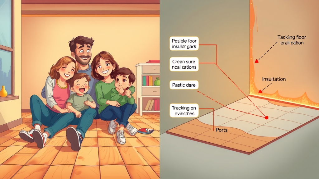 split illustration of underfloor heating installation: family enjoying floor heat and cutaway showing common floor heating issues and benefits