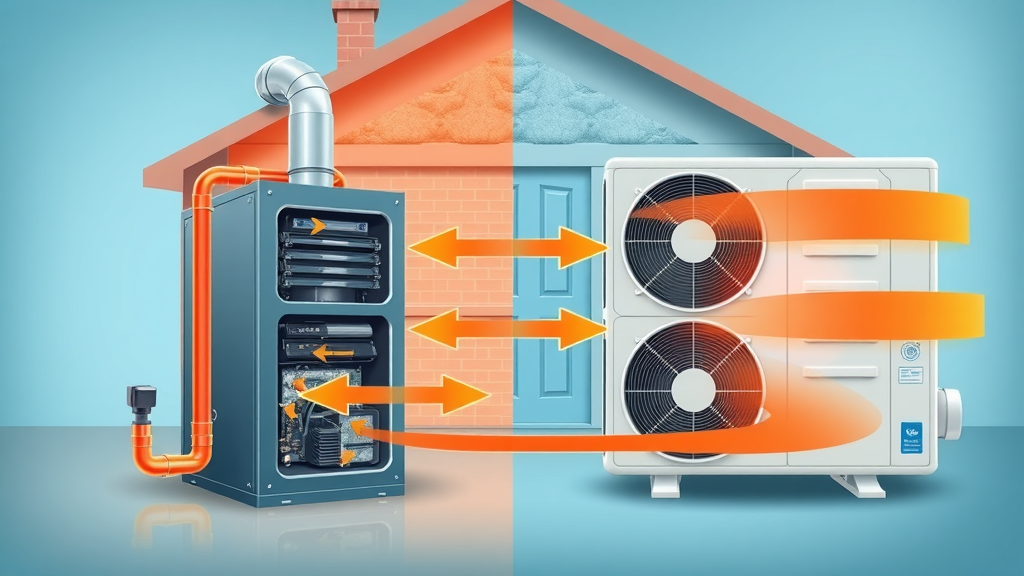 split view diagram traditional gas furnace vs modern heat pump energy efficient heating system cutaway insulation