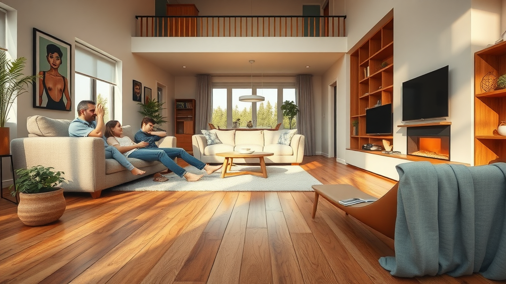 modern residential living room heated floor showing underfloor heating cost savings, people relaxing barefoot, heated wood floor