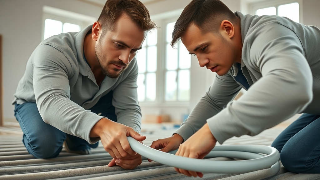 workers installing underfloor heating pipes showing hydronic system cost per square foot