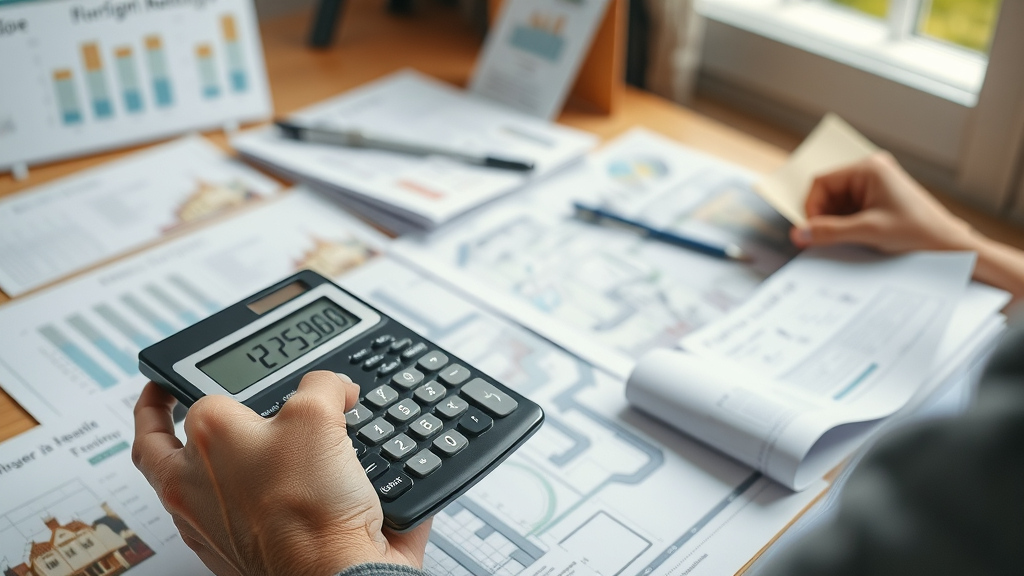 calculator estimating average underfloor heating cost in the UK with construction blueprints and British pounds