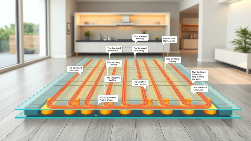 cross-section diagram of underfloor heating system components, pipes and cables labeled, floor heating maintenance