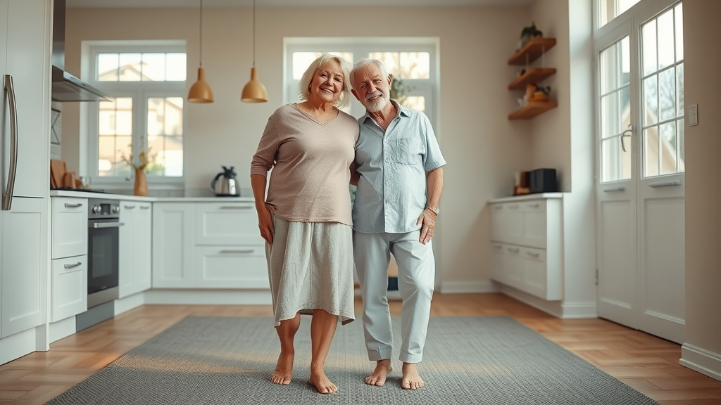 mature couple standing on radiant heated floor in luxury kitchen warm comfort