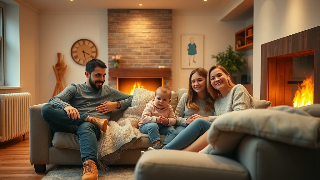 Cozy family enjoying home heating solutions with modern radiators and fireplace
