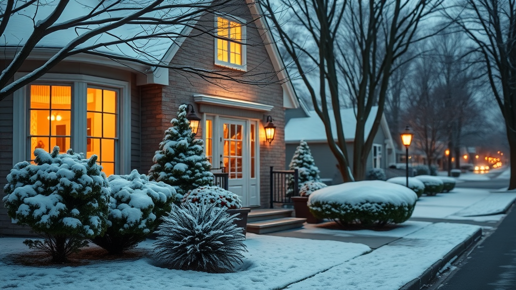 Home Heating Solutions Chesterfield inviting snowy home exterior, warm lights glowing inside, family gathering