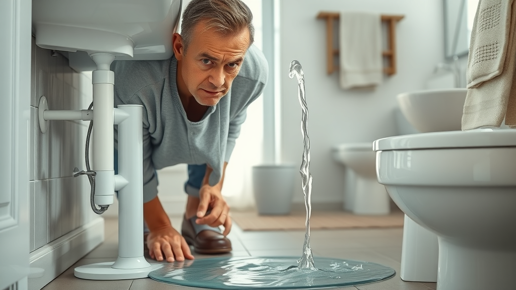 concerned Chesterfield homeowner observing water leak from under bathroom sink, visible water pooling, bathroom plumbing chesterfield