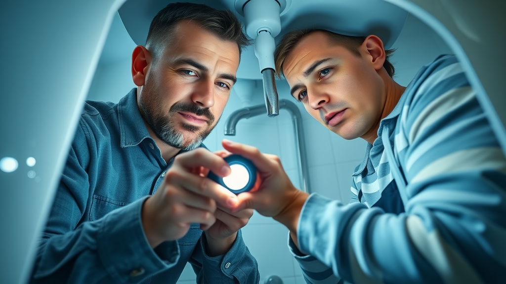 homeowner and plumber inspecting bathroom pipes for bathroom plumbing chesterfield