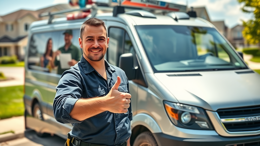 friendly local plumber for bathroom plumbing chesterfield giving thumbs up near utility van