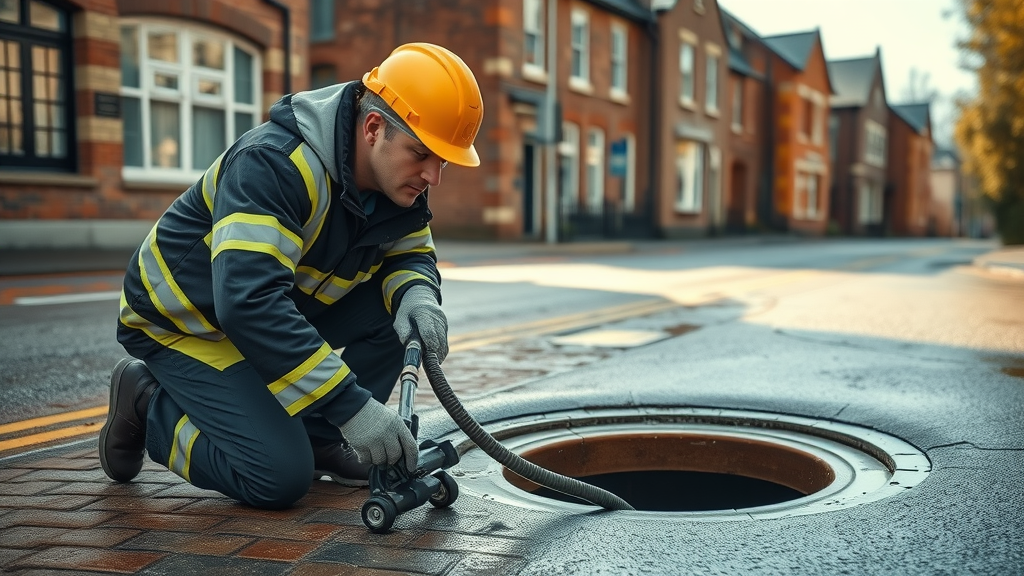 Technician using emergency drain cleaning Chesterfield equipment on a Chesterfield street with safety gear, historic brick buildings in background, wet pavement reflecting sunlight