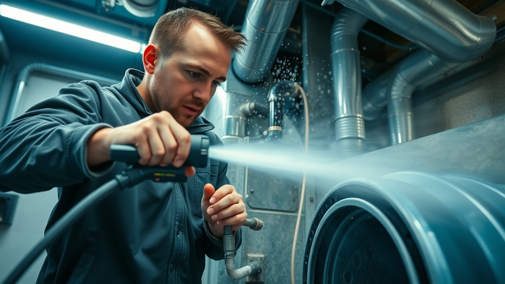 Hydro jetting drain cleaning service in Chesterfield: Technician using high-pressure water jet for stubborn clogs in basement utility room