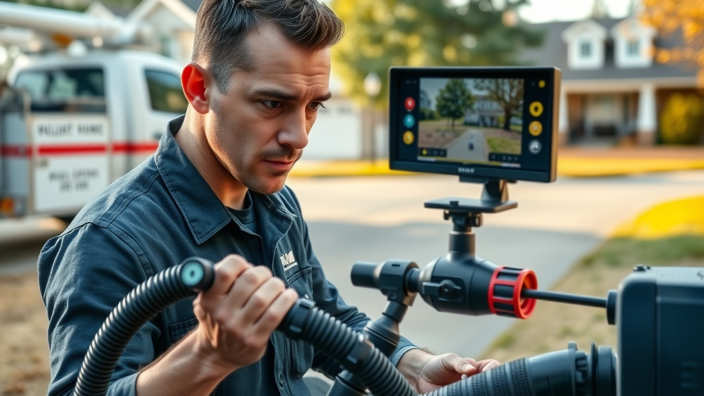 Camera inspection drain cleaning Chesterfield: Plumber using flexible camera system to inspect residential drain, real-time footage on monitor