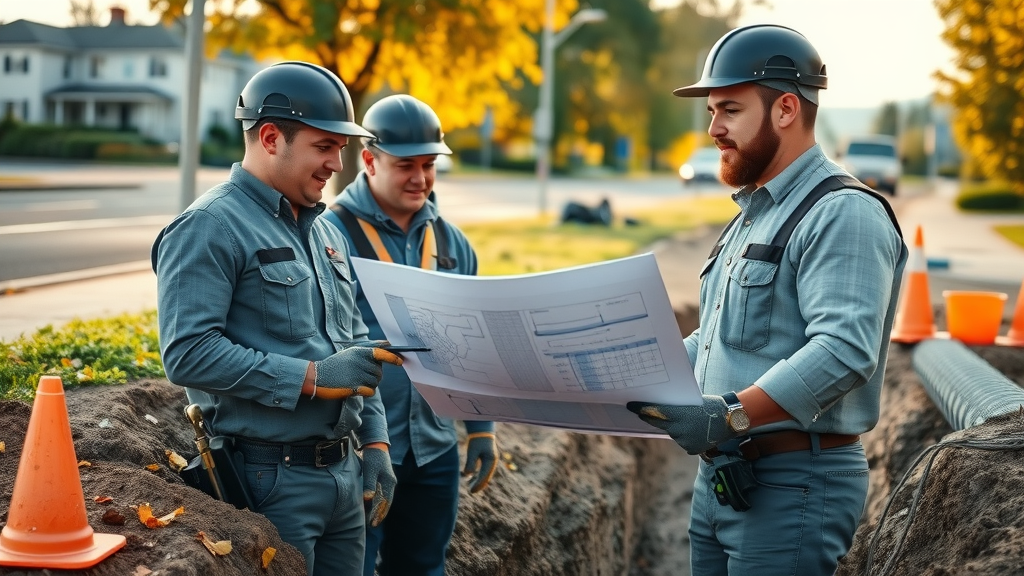Pipe repair and sewer line emergency plumbing Chesterfield: Plumbers reviewing repair strategy at outdoor construction trench with exposed sewer pipes