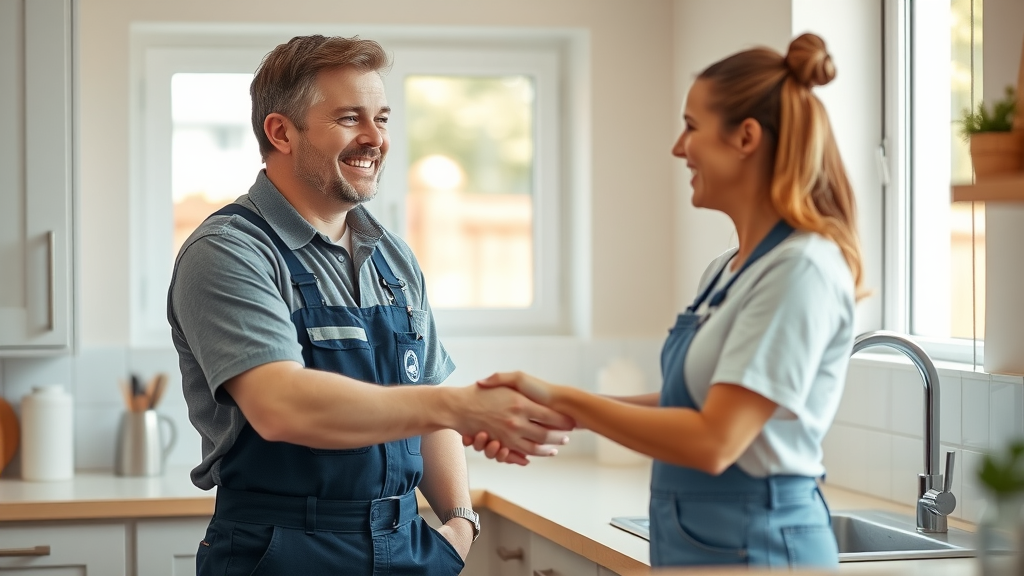 Satisfied customer with plumber after successful emergency drain cleaning in Chesterfield, handshake in bright residential kitchen