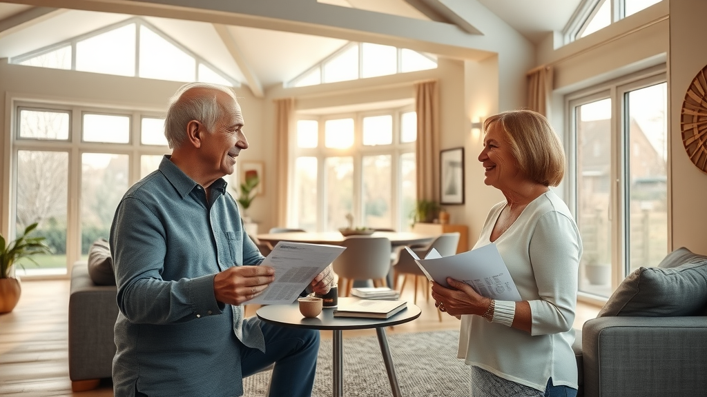 modern Chesterfield home interior with underfloor heating schematic, satisfied homeowners discussing energy bills, elegant open-plan living area with sunlight streaming through large windows