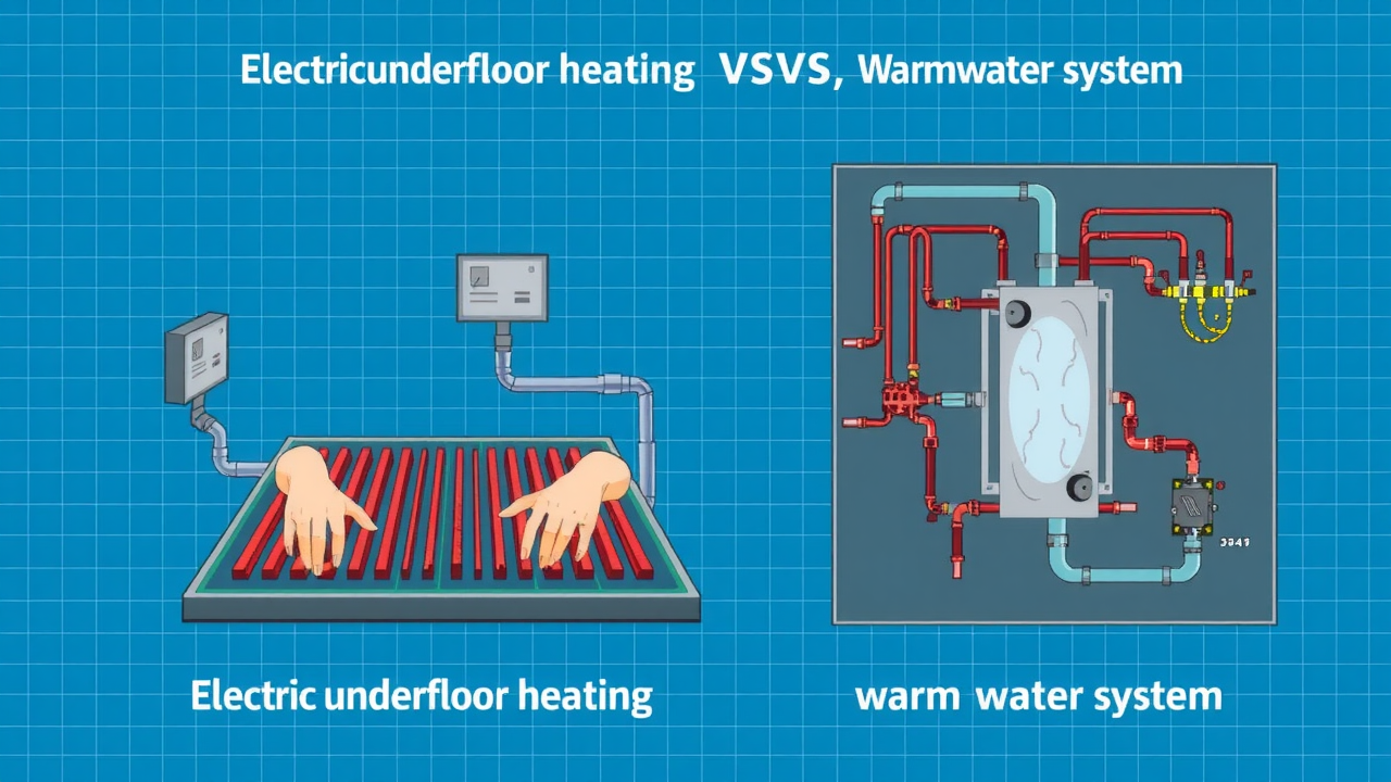 technical diagram comparing electric underfloor heating vs warm water system, blueprint-style, clear system elements
