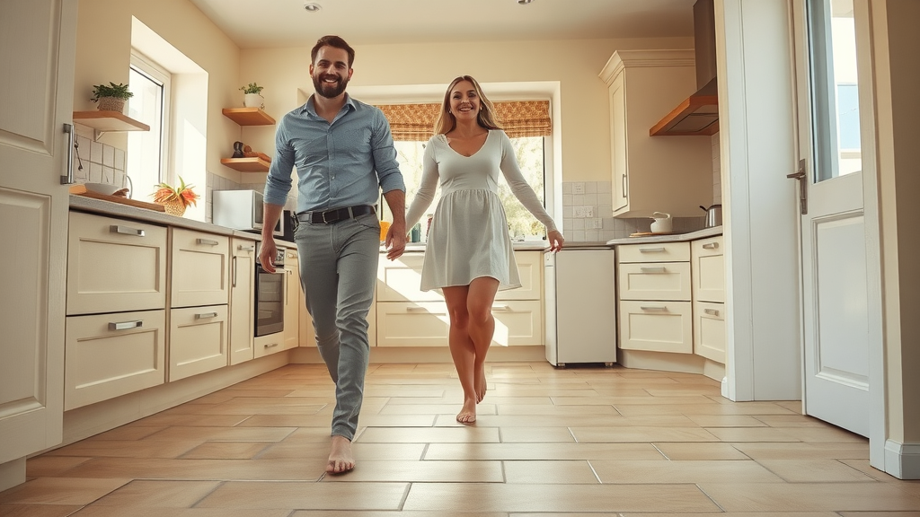 cosy family home couple enjoying underfloor heated floors barefoot, spacious kitchen sunlit