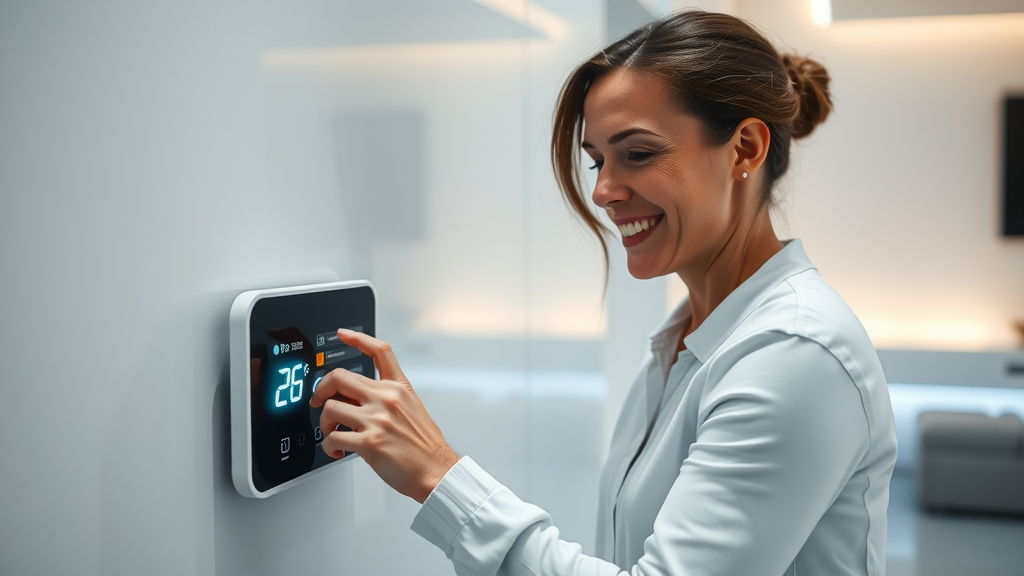 modern underfloor heating control panel, homeowner adjusting temperature, smart tech in minimalist setting