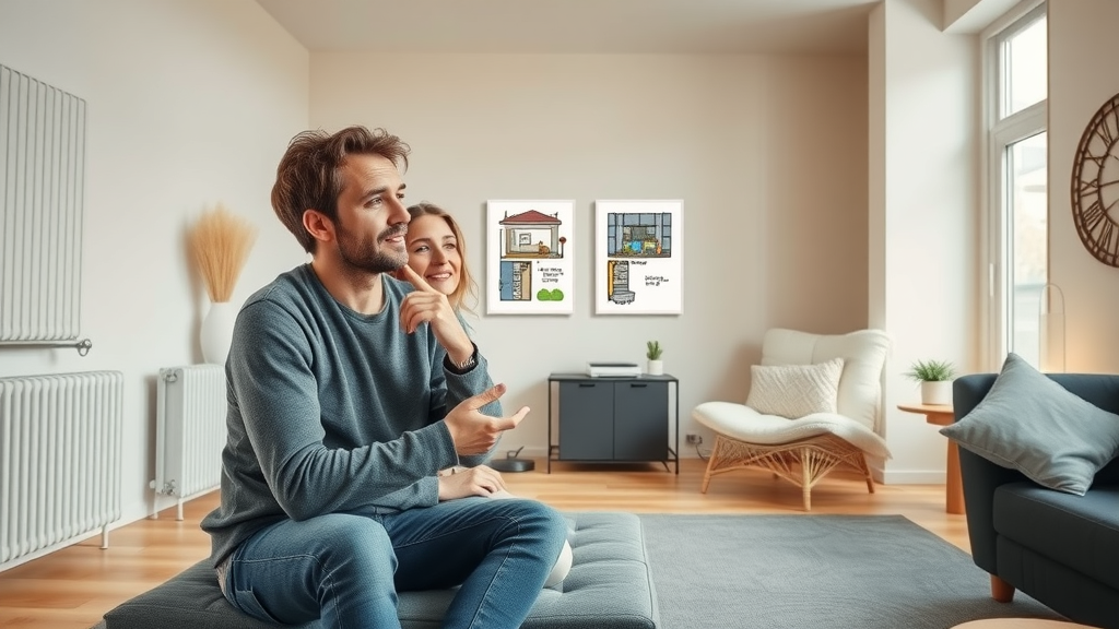 Contemporary living room with couple evaluating underfloor heating and radiators; visible radiator and underfloor heating schematic
