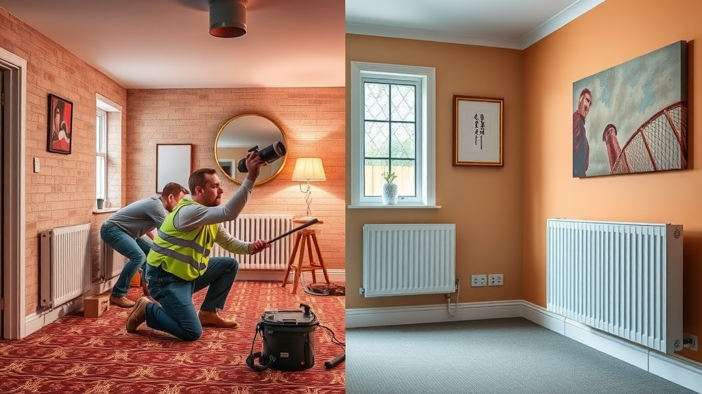 Underfloor heating and radiator installation in action, split-screen in modern UK home