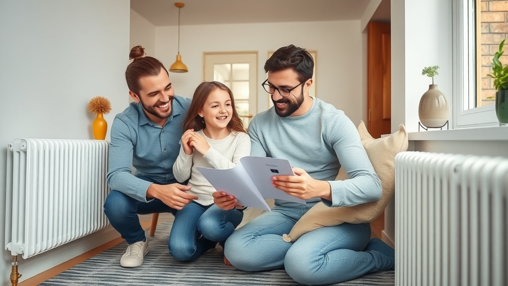 Eco-friendly UK home with energy-efficient underfloor heating and radiators, family reviewing lower energy bills