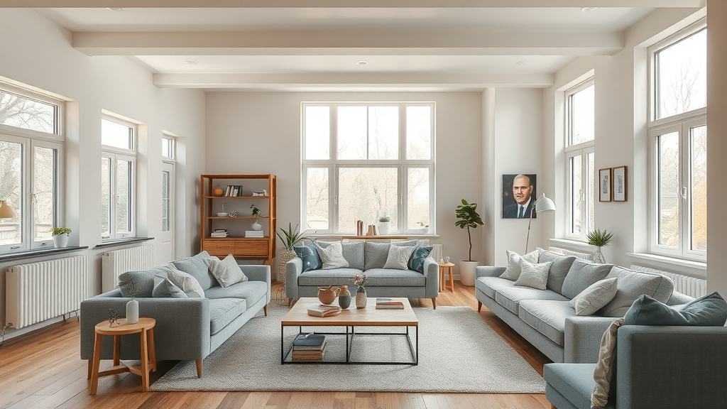 Spacious open-plan living area with flexible layout, no visible radiators, relaxed family environment