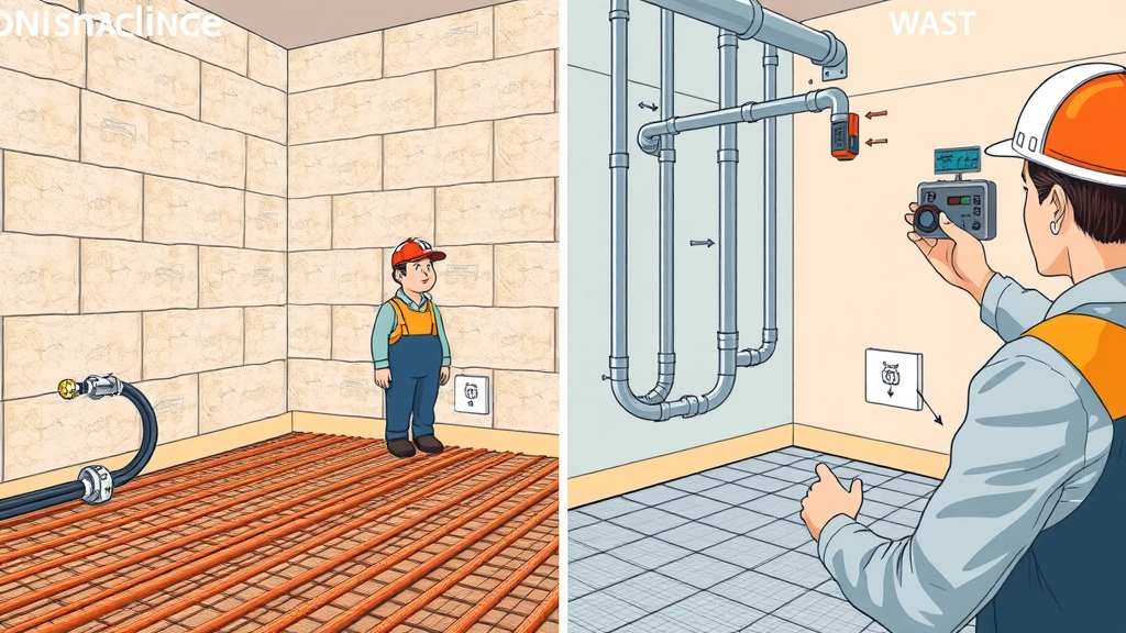 Electric underfloor heating mat installation versus water system pipes, engineer adjusting controls