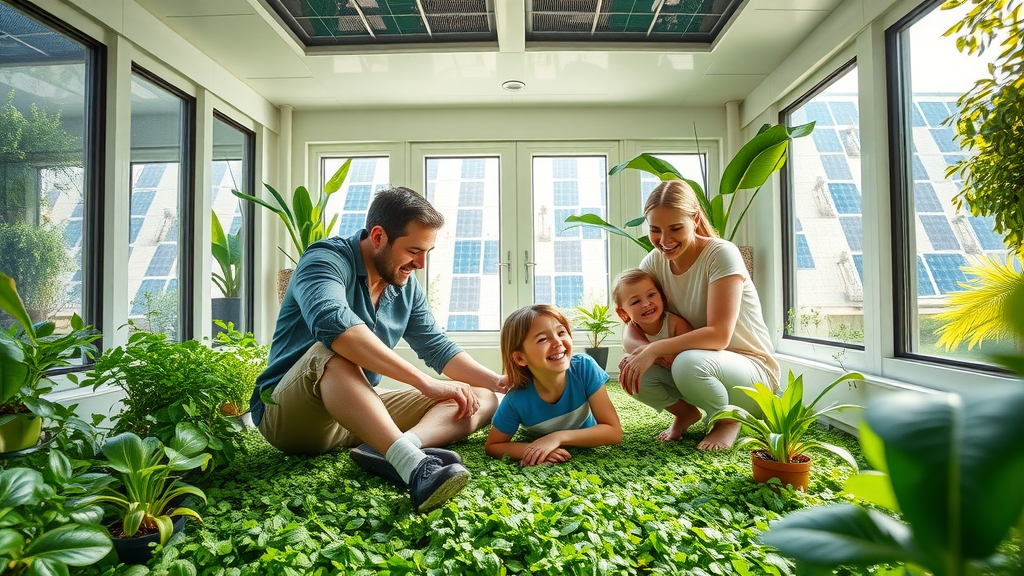 Eco-conscious household with modern underfloor heating, sustainable features, and happy family
