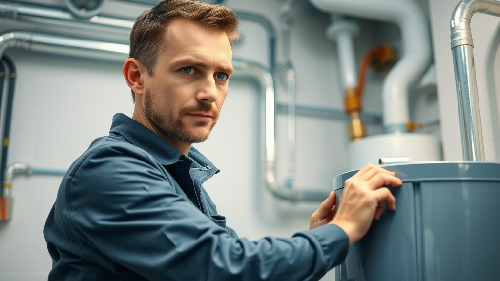 Professional plumbing & heating services technician installing high efficiency water heater